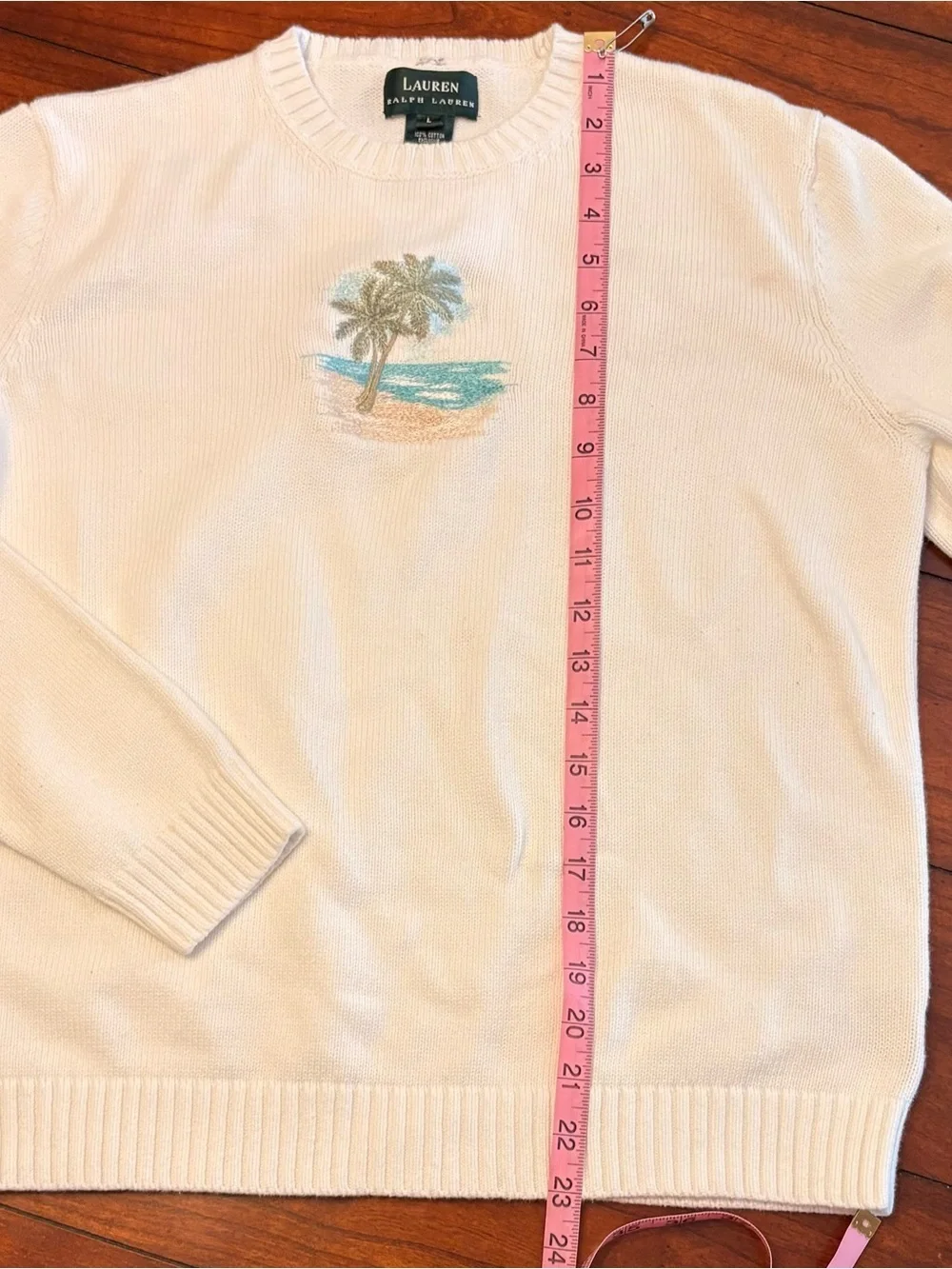 Lauren Ralph Lauren Cream Crewneck Sweater with Palm Embroidery